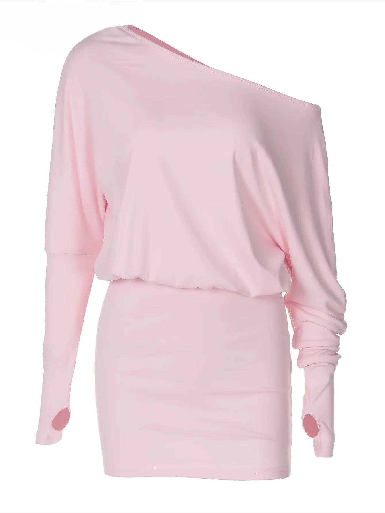 BWQ Sexy Long Sleeve Mini Dress Oblique Shoulder Solid Simple Dresses Party Club Birthday Vacation Date Y2K Women Clothes