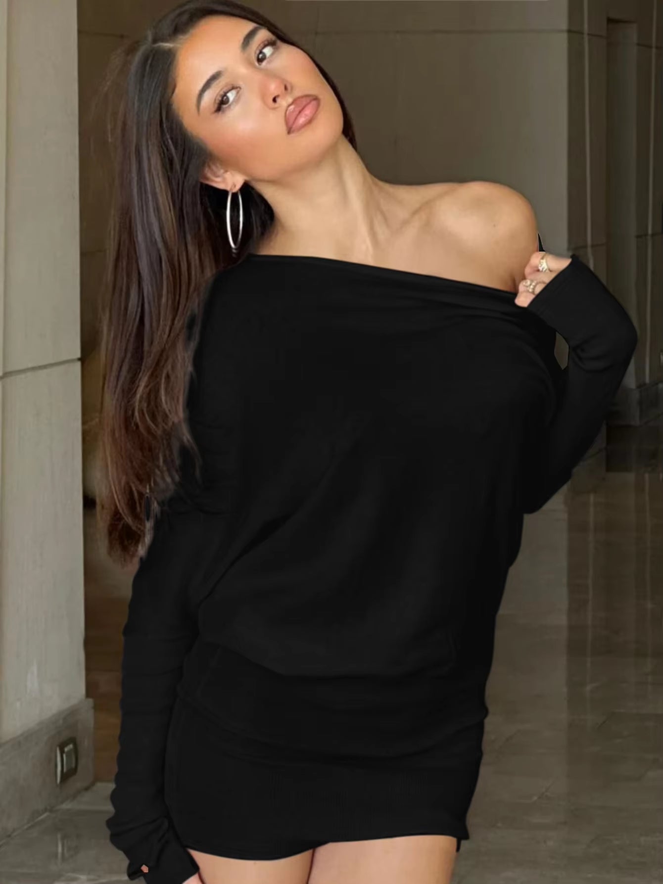 BWQ Sexy Long Sleeve Mini Dress Oblique Shoulder Solid Simple Dresses Party Club Birthday Vacation Date Y2K Women Clothes