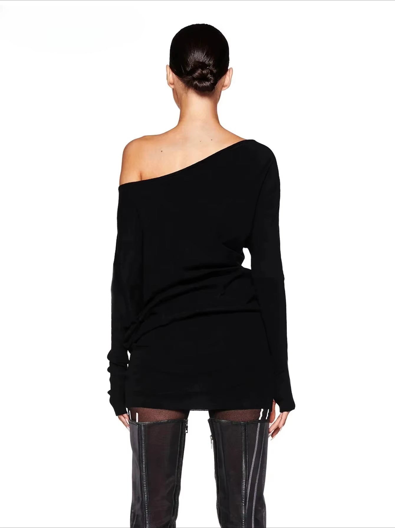 BWQ Sexy Long Sleeve Mini Dress Oblique Shoulder Solid Simple Dresses Party Club Birthday Vacation Date Y2K Women Clothes