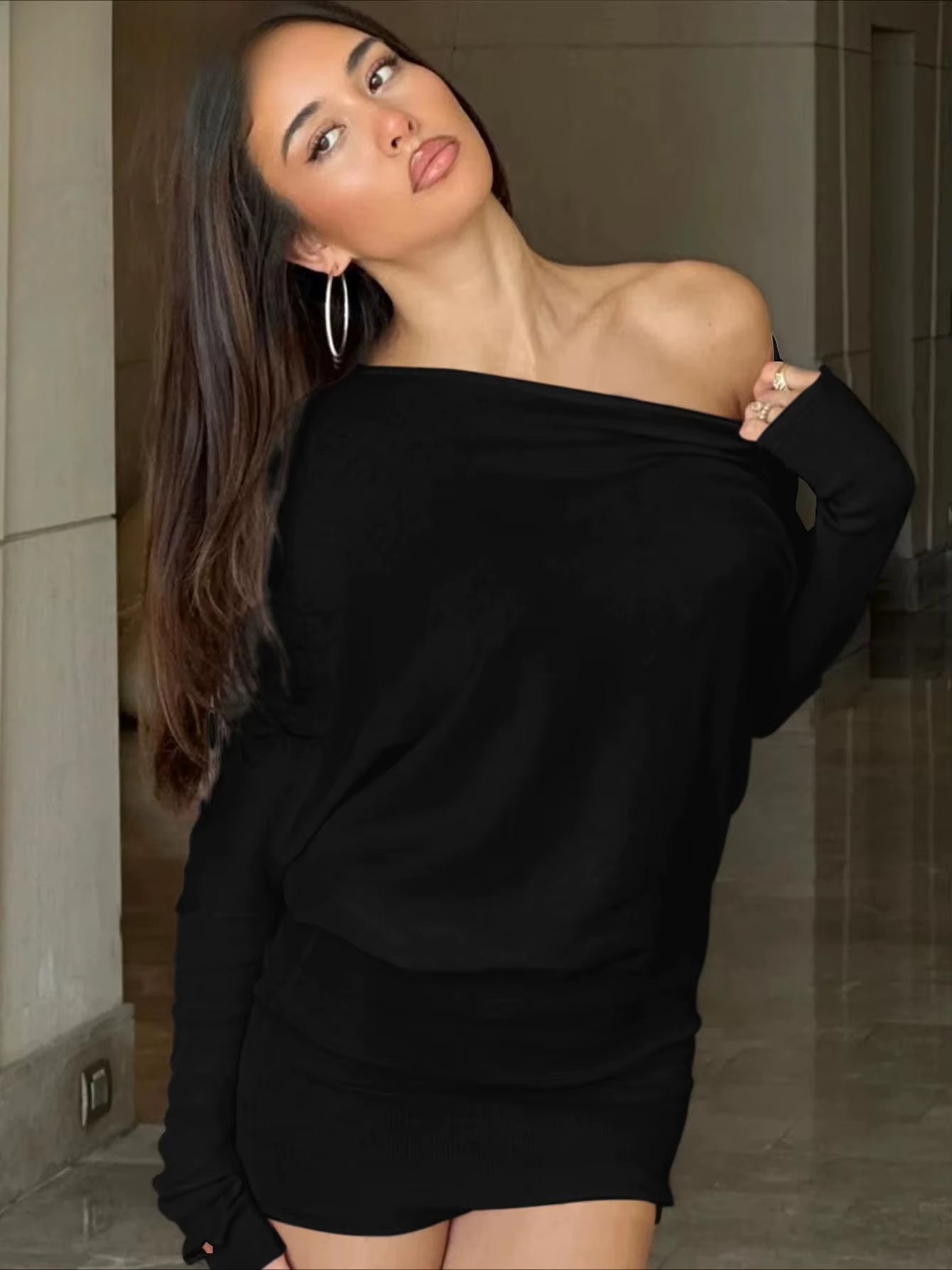 BWQ Sexy Long Sleeve Mini Dress Oblique Shoulder Solid Simple Dresses Party Club Birthday Vacation Date Y2K Women Clothes